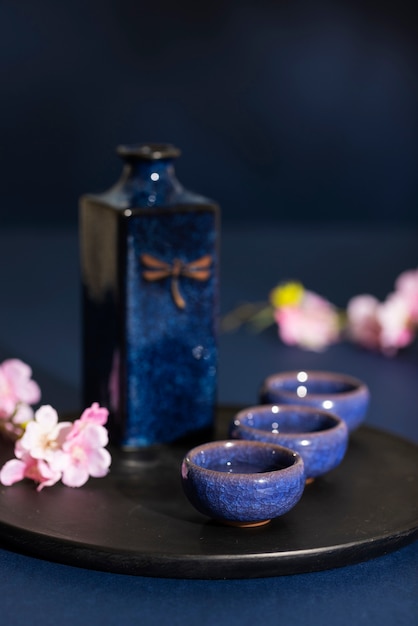 Japanese cups and flowers assortment