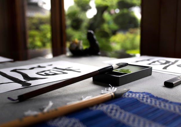 Japanese handwriting on paper and tools arrangement