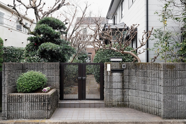 Japanese house entrance with nature