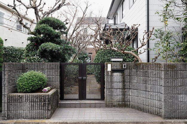 Japanese house entrance with nature