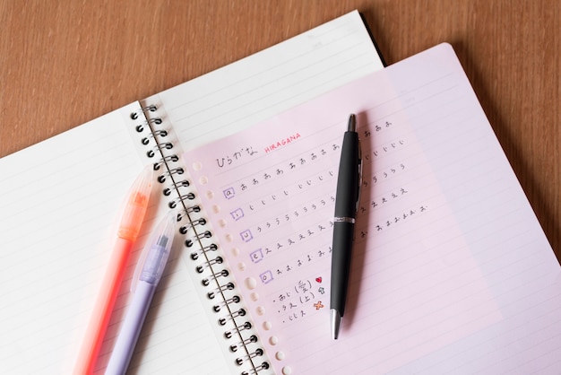 Free photo japanese letters on notebook top view