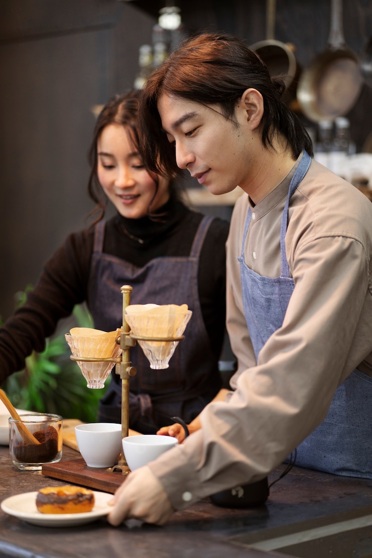 無料Photo レストランで料理をする日本人男性と女性
