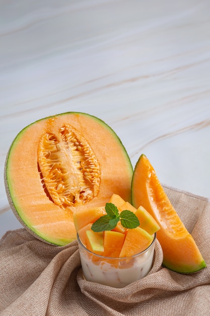 Japanese melon or cantaloupe, cantaloupe, seasonal fruit, health concept.