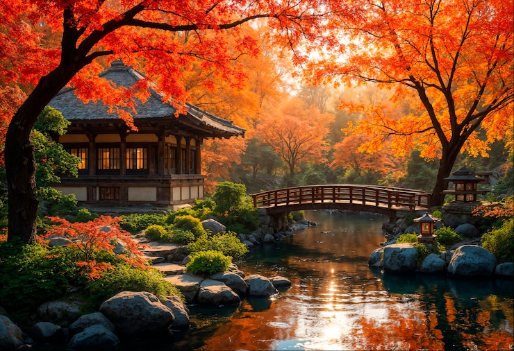 Free Photo japanese temple next to lake during autumn