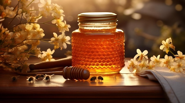 A jar of honey on an antique table with a fields of flower background