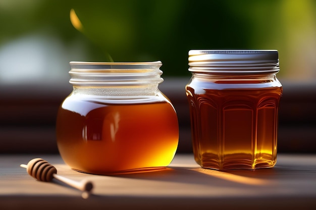A jar of honey next to a jar of honey.