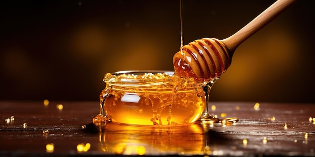 Free photo a jar of honey with a piece of honeycomb full of natural sweetness