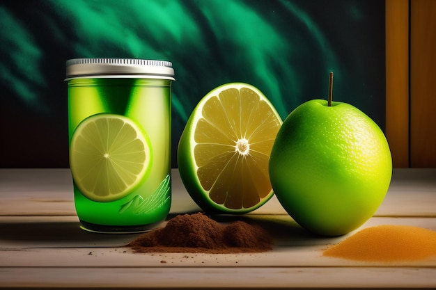 Un barattolo di lime e un lime su un tavolo con uno sfondo verde.