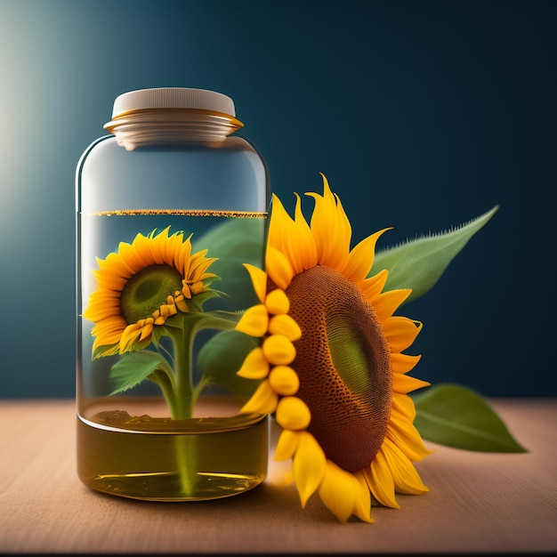 A jar of sunflowers sits on a table with a blue background.