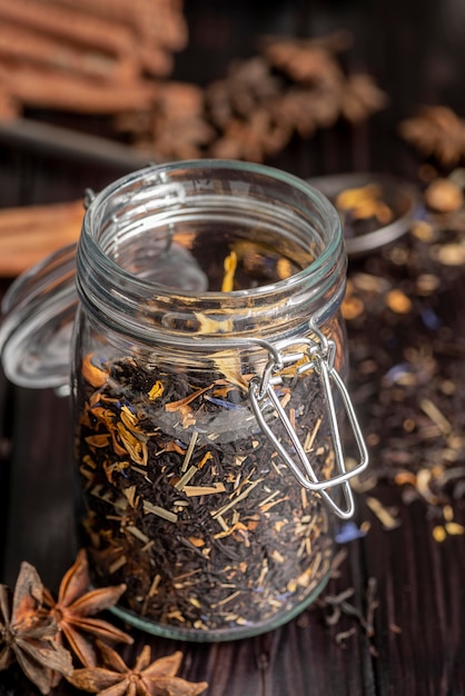 Jar with herbs for tea