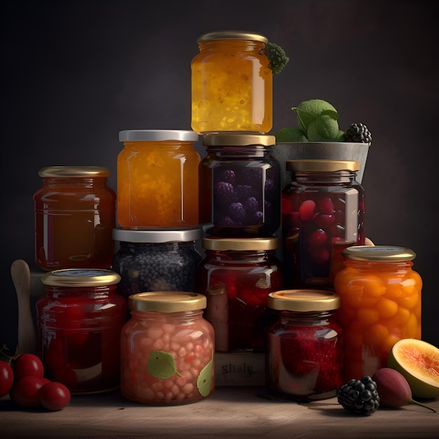 Jars of jam with fruits and berries on a black background