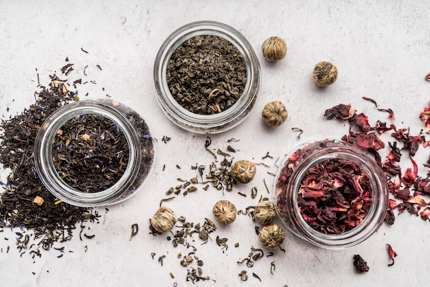 Jars with herbs for tea