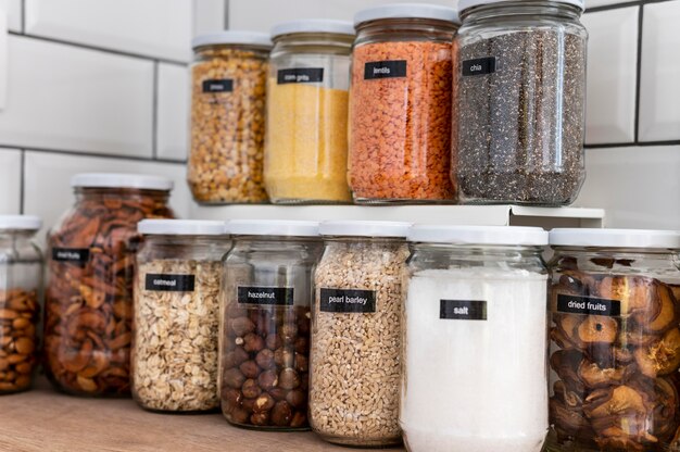 Jars with seeds on shelves
