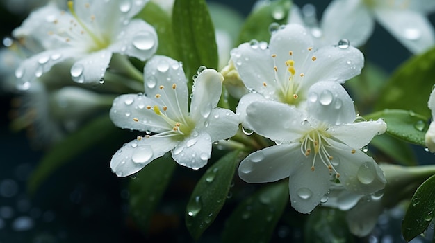 Jasmine flowers on a branch during the rain