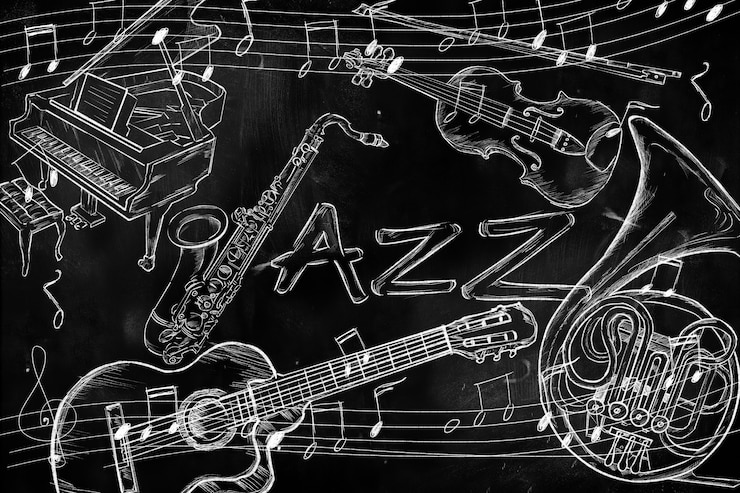 Free Photo jazz instruments music background on dark blackboard