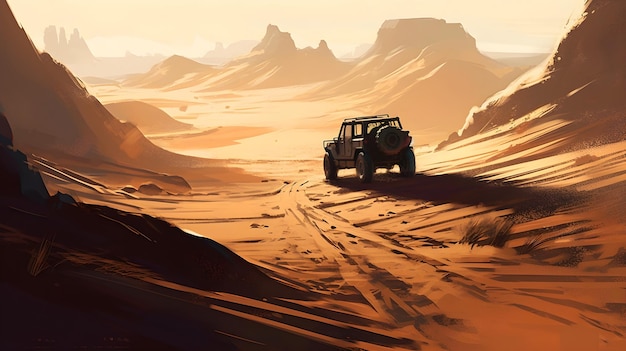 Foto gratuita jeep nell'illustrazione del deserto