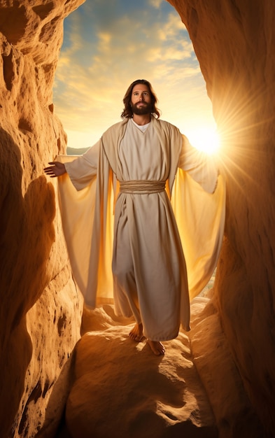 Jesus resurrecting at sunrise