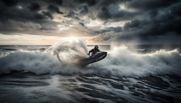 A jet boat is riding on a wave in the ocean.