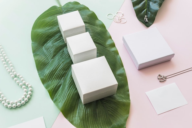 Jewelry with white boxes on green leaf over the paper backdrop