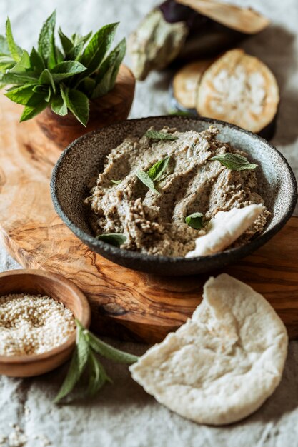 Jewish food on wooden board high angle