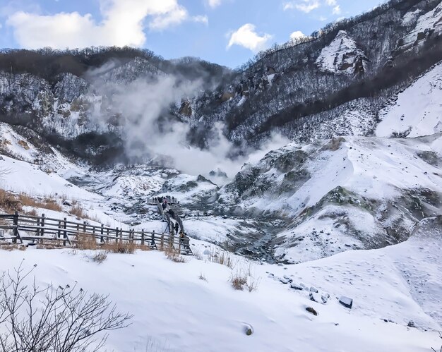 Jigokudani, known in English as "Hell Valley" is the source of hot springs for many local Onsen Spas in Noboribetsu, Hokkaido.