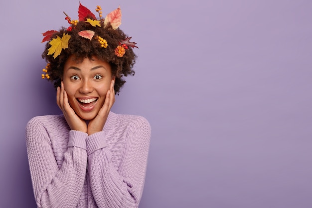 Gioiosa donna afro con i capelli ricci, tocca le guance, ha foglie cadute nei capelli, indossa un maglione viola, sorride ampiamente, posa sul muro viola, spazio libero