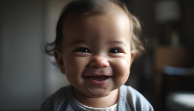 Joyful baby boy smiling innocence captured close up generated by AI