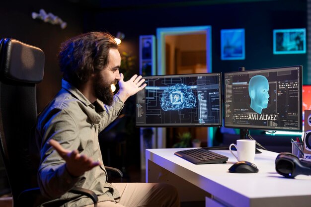 Joyful computer technician celebrating after awakening sentient AI