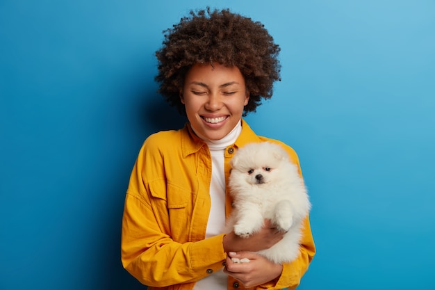 Joyful curly young woman holds white pedigree spitz dog on hands, keeps eyes closed, broad smile, dressed in fashionable clothes, isolated over blue background.