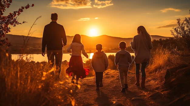 Foto gratuita una famiglia gioiosa che si gode un tramonto correndo all'aperto