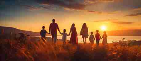 Free photo a joyful family enjoying a sunset run outdoors