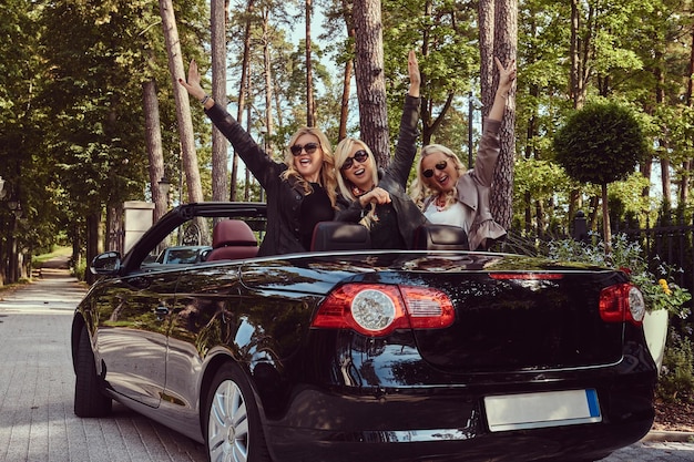 Joyful fashionable female friends raise their hands while sitting in luxury cabriolet car in a park.