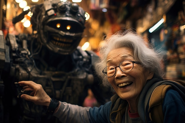 Joyful old woman having fun