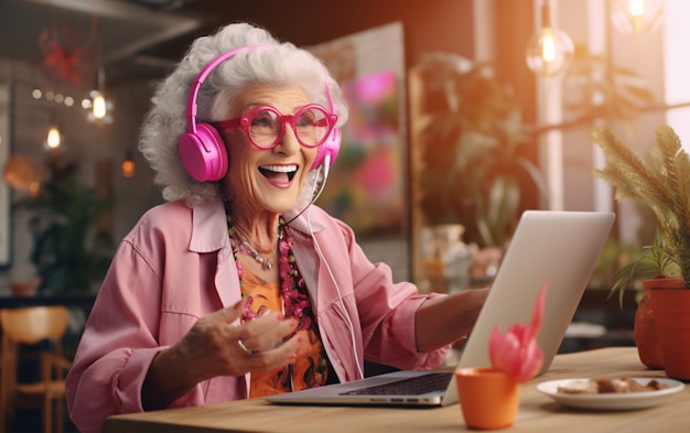 Joyful old woman having fun