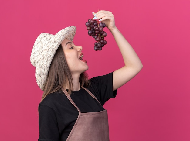 Joyful pretty caucasian female gardener wearing gardening hat pretending to eat bunch of grapes