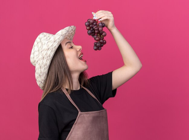 Joyful pretty caucasian female gardener wearing gardening hat pretending to eat bunch of grapes