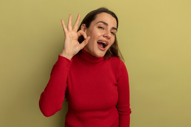 Joyful pretty caucasian woman gestures ok hand sign on olive green