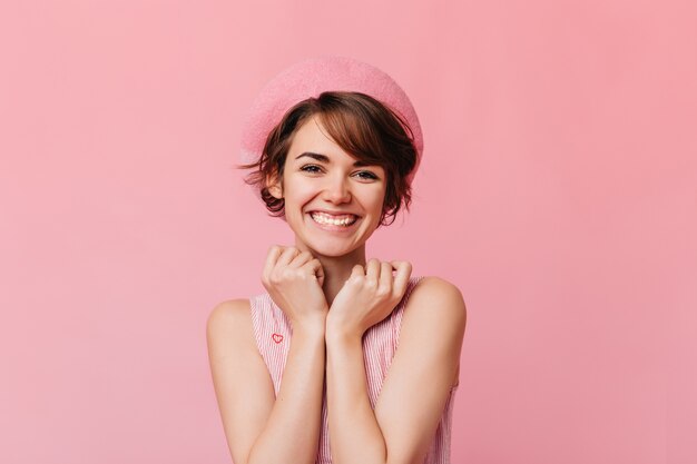 Joyful woman smiling at front