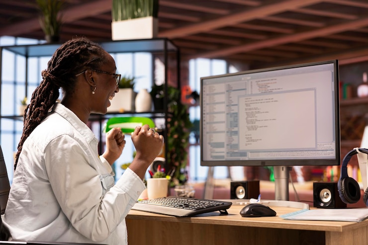 Free Photo joyous it worker satisfied after testing code and seeing good results