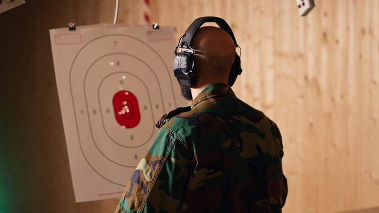 Free Photo joyous soldier training with firearm exults after accurately hitting bullseye