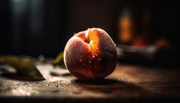 Сочное яблоко на деревенском деревянном столе светится свежестью, созданной ИИ