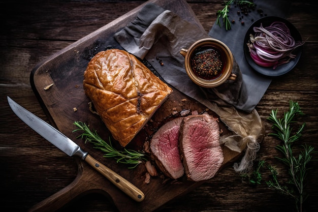 Бесплатное фото Блюдо из вырезки juicy beef wellington на деревенском деревянном столе английская еда ai генеративный