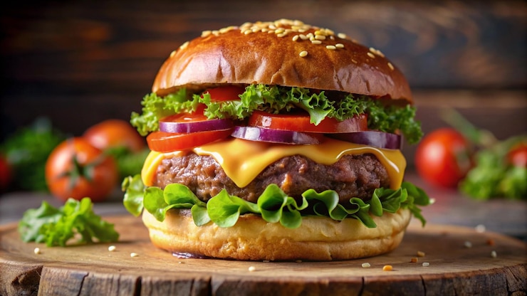 Juicy Cheeseburger on Rustic Wooden Board
