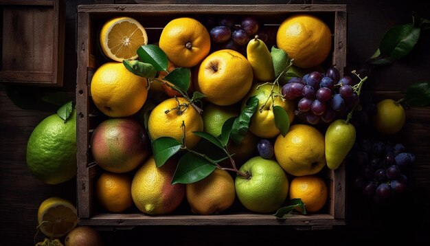 Juicy citrus fruits in a rustic crate generated by AI