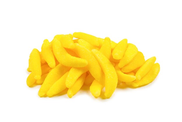 Juicy colorful jelly banana sweets isolated on white. gummy candies.