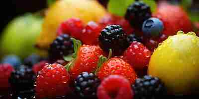 Free photo juicy display of citrus and berries gleaming with fresh water droplets