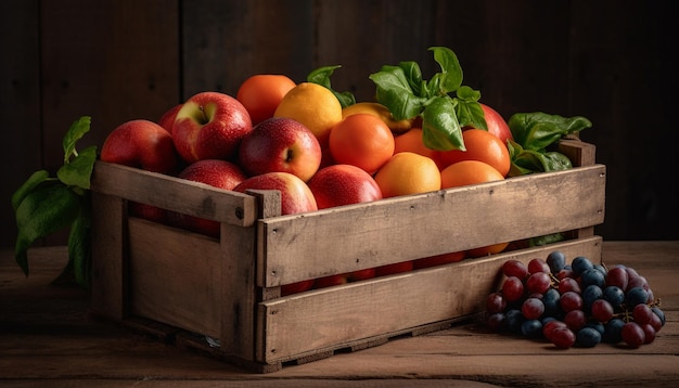 Бесплатное фото Ящик с сочными фруктами — здоровая вегетарианская закуска, созданная искусственным интеллектом