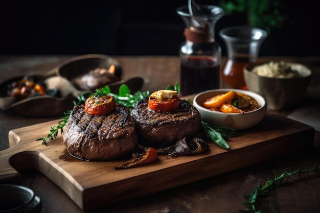 Free photo juicy grillet fillet mignon with butter on rustic wooden table with vegetables ai generative