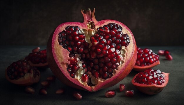 Juicy pomegranate slice on rustic wooden table generated by AI