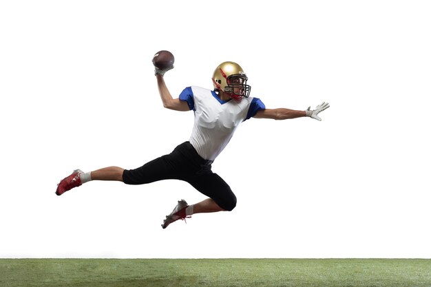 In jump, flight. American football player isolated on white with copyspace.